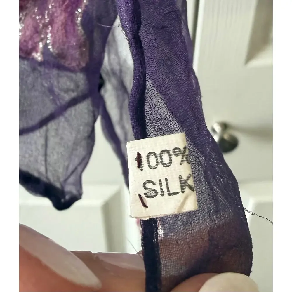 100% Silk Purple Sheer Floral Rose Scarf Shawl Wrap Metallic Accent 68x31